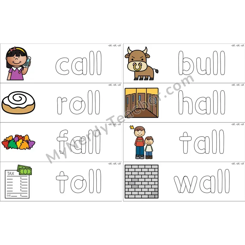 Glued Sounds -all, -oll, -ull Dough Word Mats (Color)