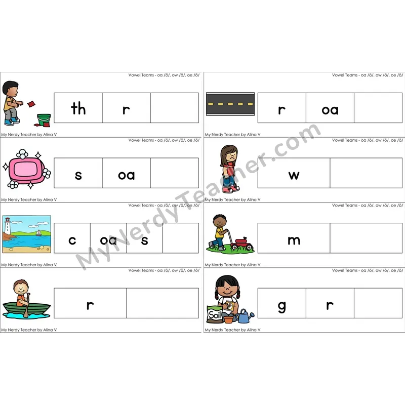 oa, ow, oe Vowel Team Missing Ending Sounds Word Cards (Color)