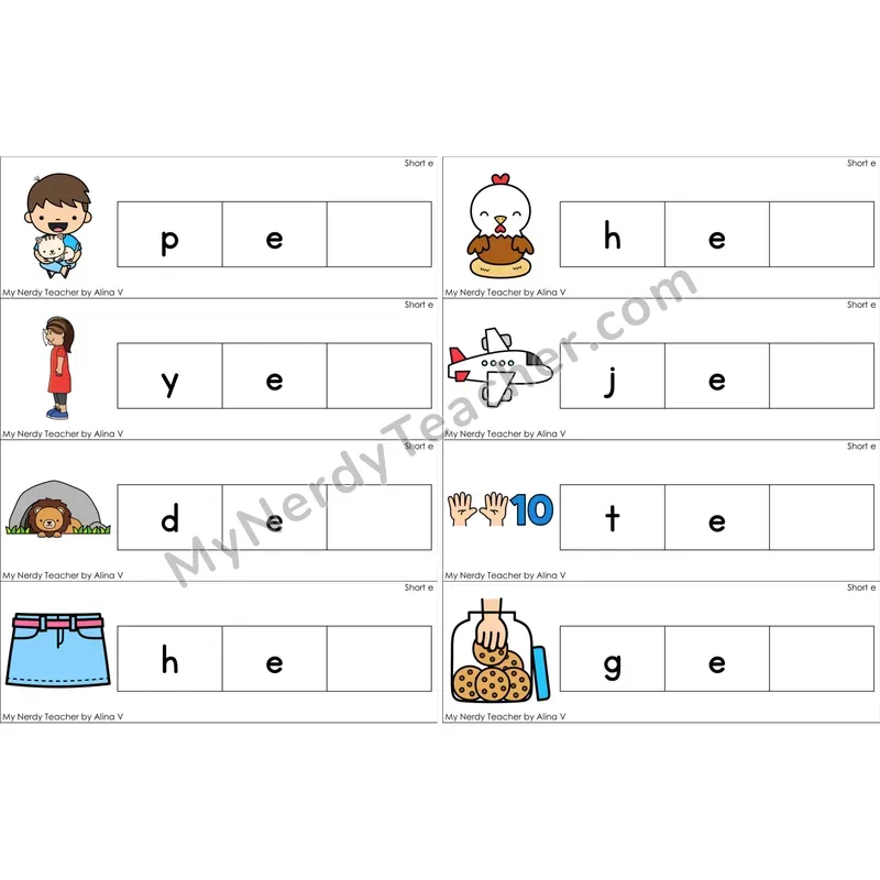 Short E Missing Ending Sounds Word Cards (Color)