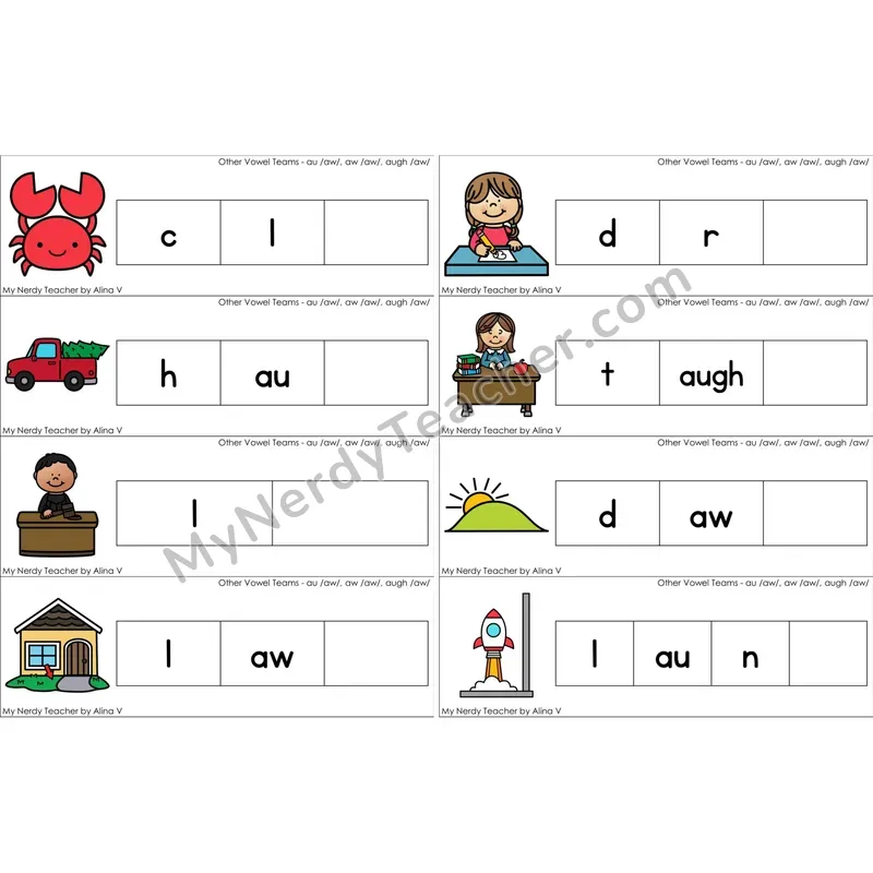 au, aw, augh Vowel Team Missing Ending Sounds Word Cards (Color)