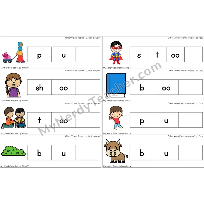 oo (long oo sound) Missing Ending Sounds Word Cards (Color)