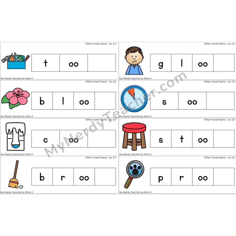 oo, u (short oo sound) Missing Ending Sounds Word Cards (Color)