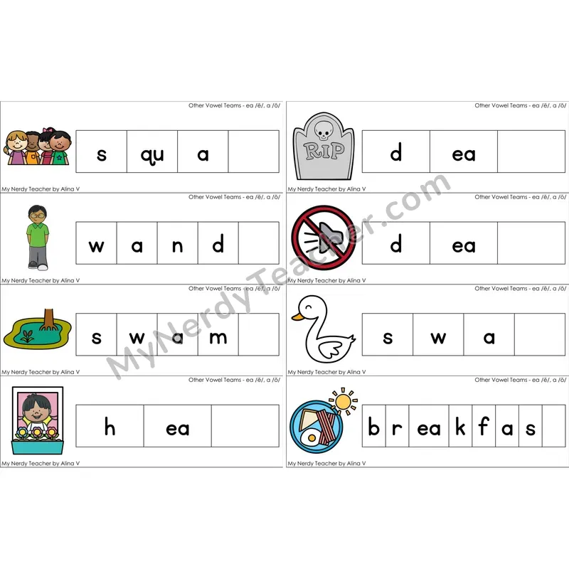ea (short e), a (short o) Missing Ending Sounds Word Cards (Color)