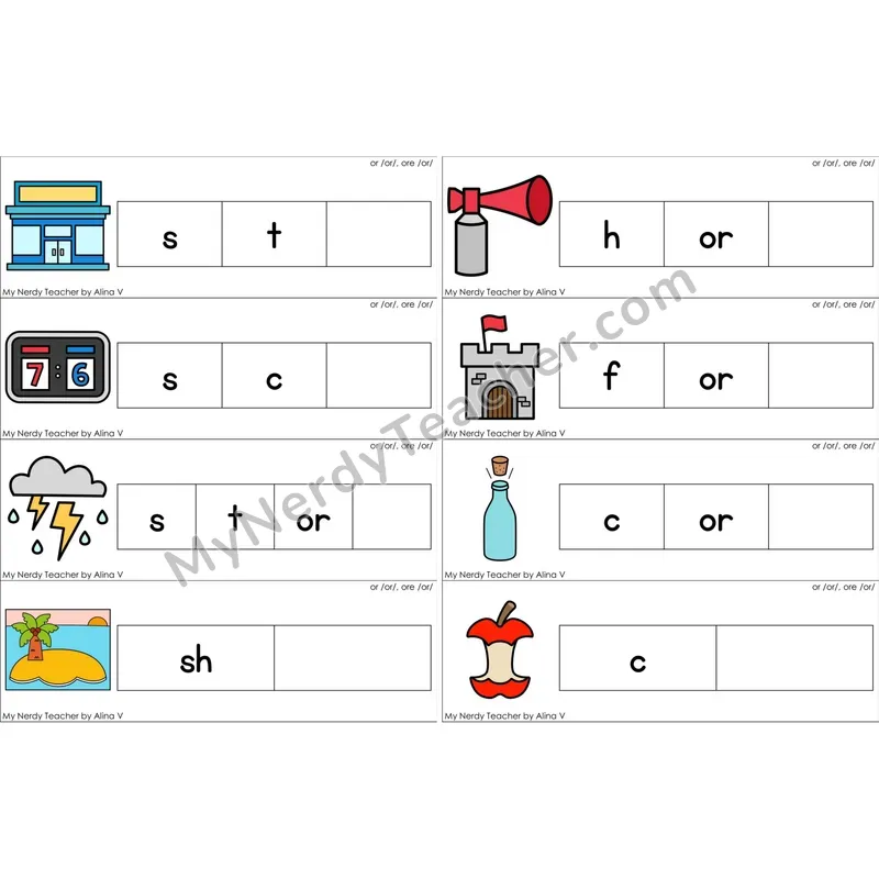 or, ore (R-Controlled) Missing Ending Sounds Word Cards (Color)