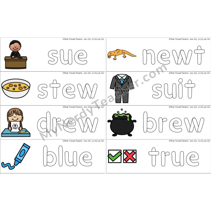 ew, ui, ue Vowel Team Dough Word Mats (Color)