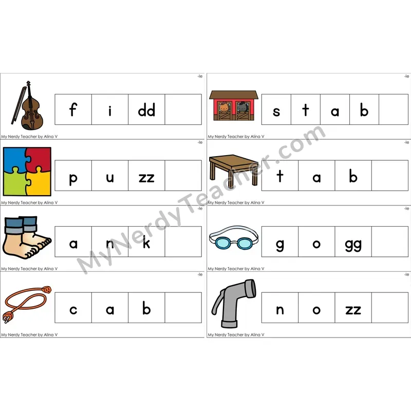 Consonant -le Missing Ending Sounds Word Cards (Color)