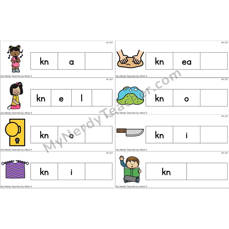 Silent kn Missing Ending Sounds Word Cards (Color)