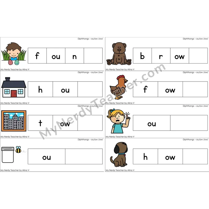 ou, ow Diphthong Missing Ending Sounds Word Cards (Color)