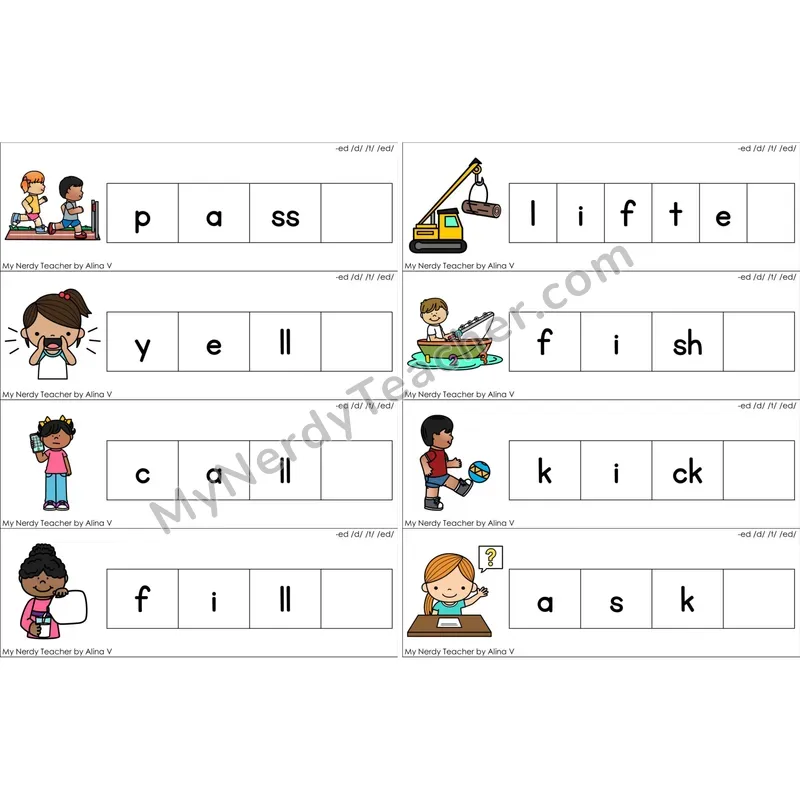 Inflectional -ed Missing Ending Sounds Word Cards (Color)