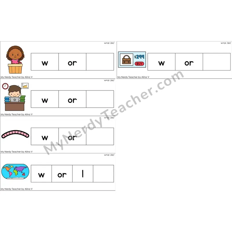 w + or (R-Controlled /er/) Missing Ending Sounds Word Cards (Color)