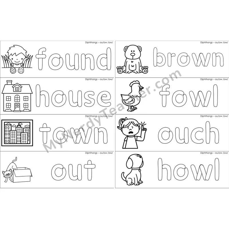 ou, ow Diphthong Dough Word Mats (Black and White)