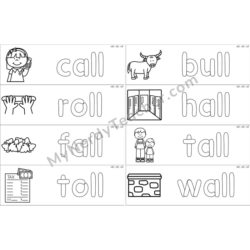 Glued Sounds -all, -oll, -ull Dough Word Mats (Black and White)