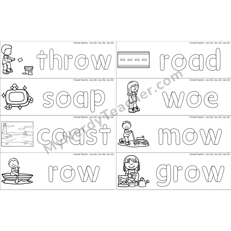 oa, ow, oe Vowel Team Dough Word Mats (Black and White)