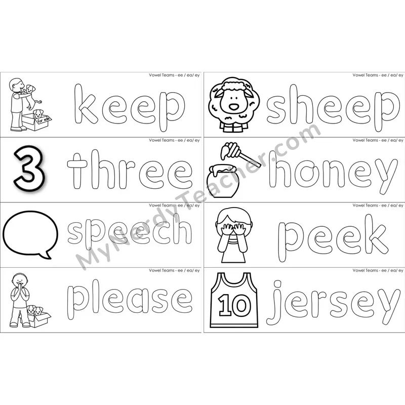 ee, ea, ey Vowel Team Dough Word Mats (Black and White)