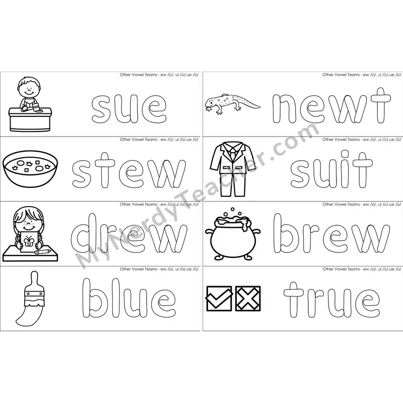 ew, ui, ue Vowel Team Dough Word Mats (Black and White)
