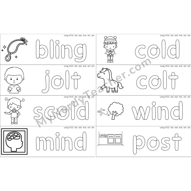 Long VCC (-ild, -old, -ind, -olt, -ost) Dough Word Mats (Black and White)