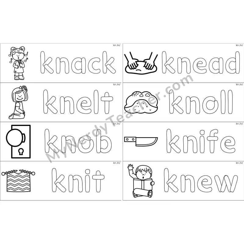 Silent kn Dough Word Mats (Black and White)