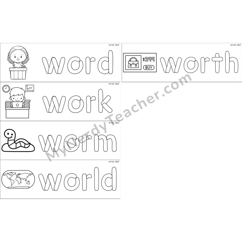 w + or (R-Controlled /er/) Dough Word Mats (Black and White)