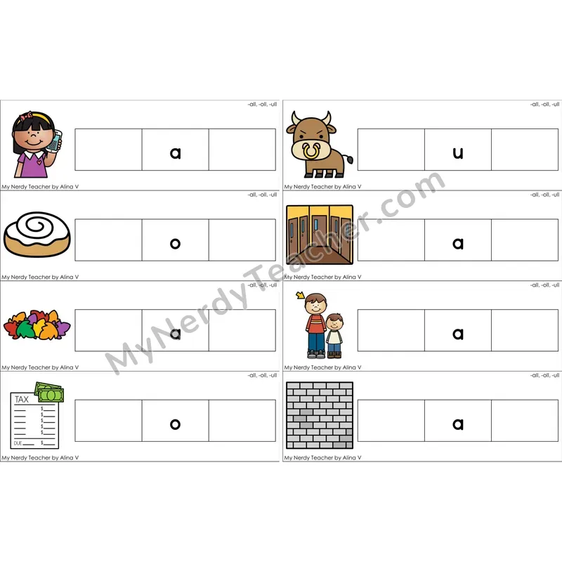 Glued Sounds -all, -oll, -ull Missing Beginning and Ending Sounds Cards (Color)