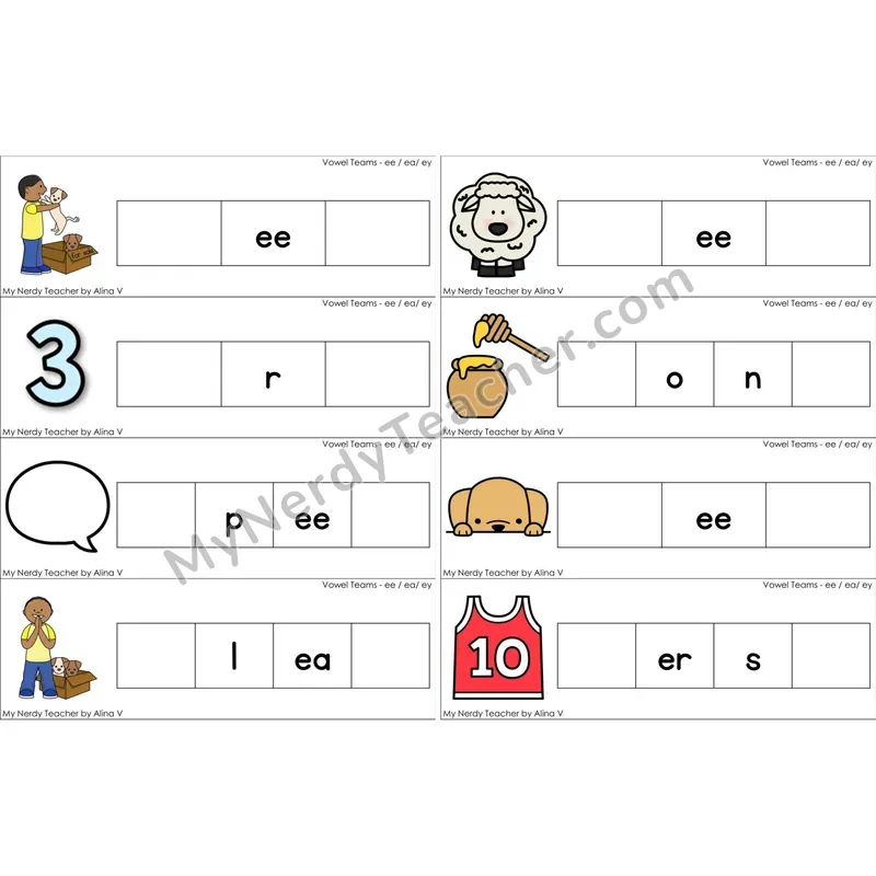 ee, ea, ey Vowel Team Missing Beginning and Ending Sounds Cards (Color)