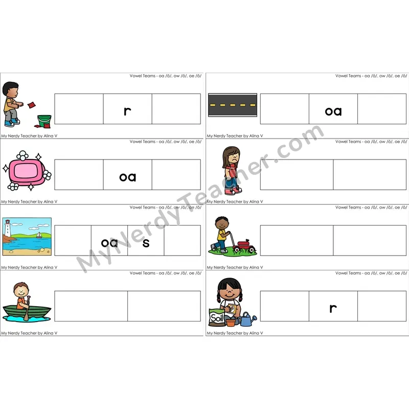 oa, ow, oe Vowel Team Missing Beginning and Ending Sounds Cards (Color)