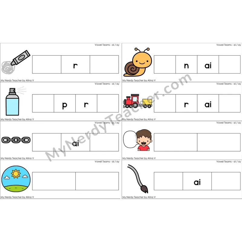 ai, ay Vowel Team Missing Beginning and Ending Sounds Cards (Color)