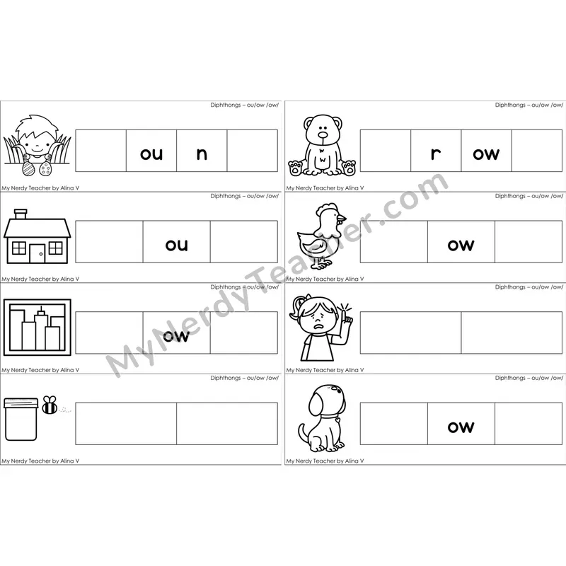 ou, ow Diphthong Missing Beginning and Ending Sounds Cards (Black and White)
