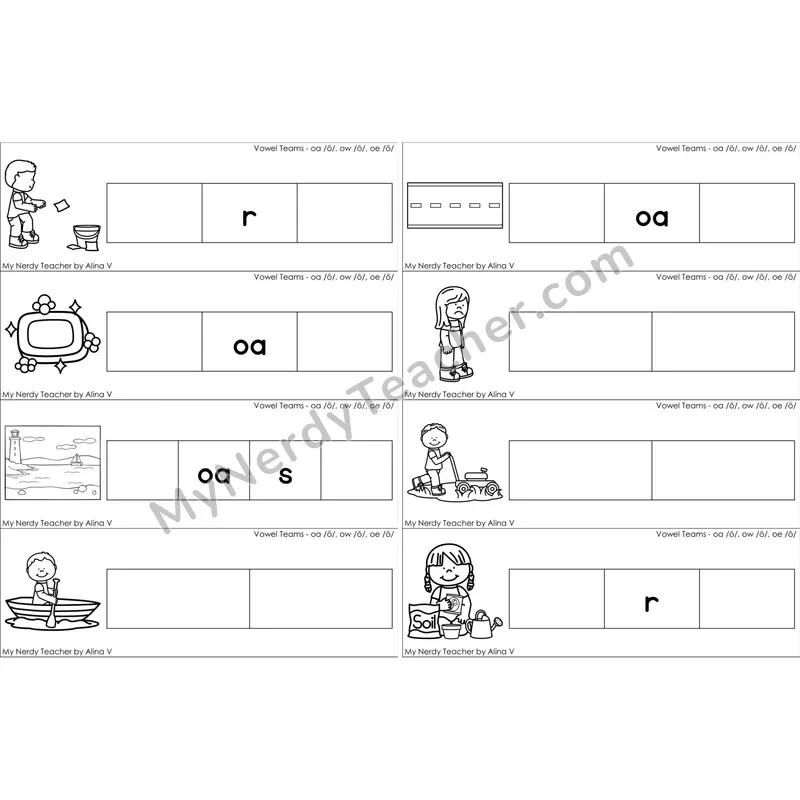 oa, ow, oe Vowel Team Missing Beginning and Ending Sounds Cards (Black and White)