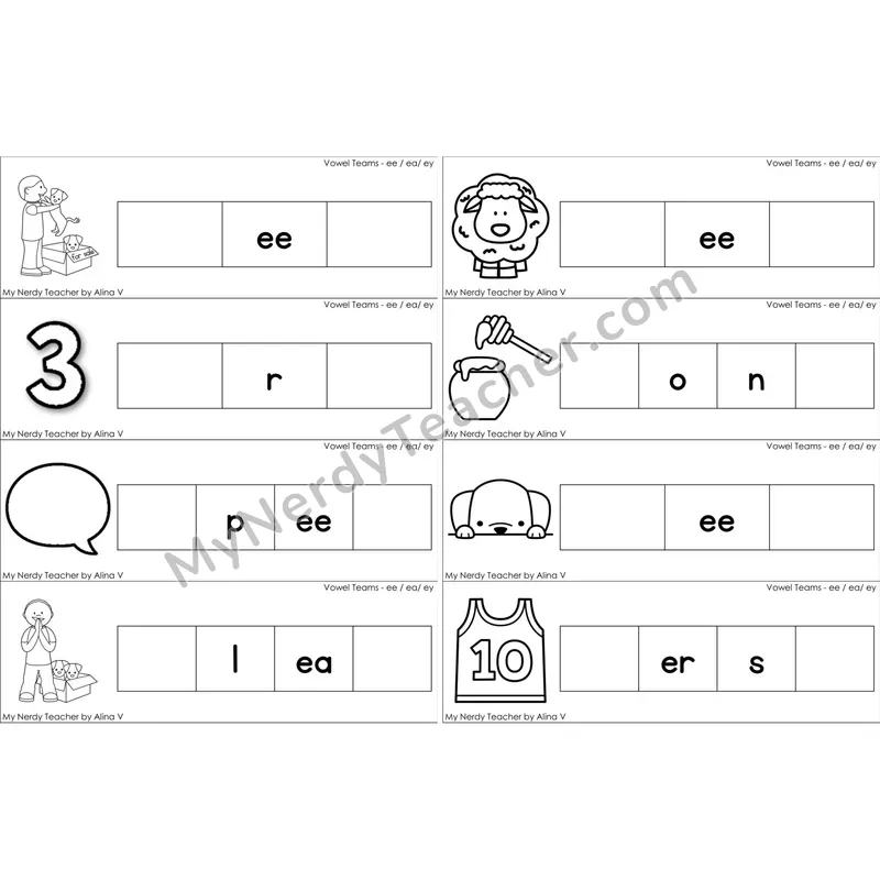 ee, ea, ey Vowel Team Missing Beginning and Ending Sounds Cards (Black and White)