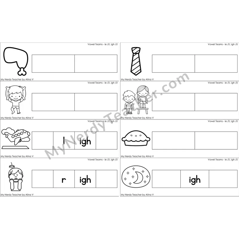 ie, igh Vowel Team Missing Beginning and Ending Sounds Cards (Black and White)