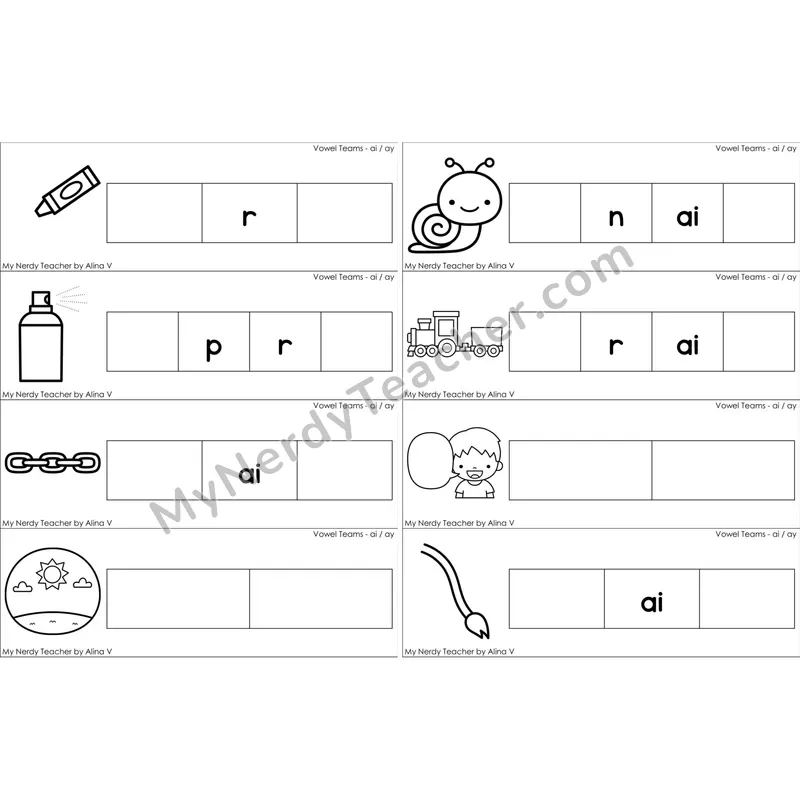 ai, ay Vowel Team Missing Beginning and Ending Sounds Cards (Black and White)