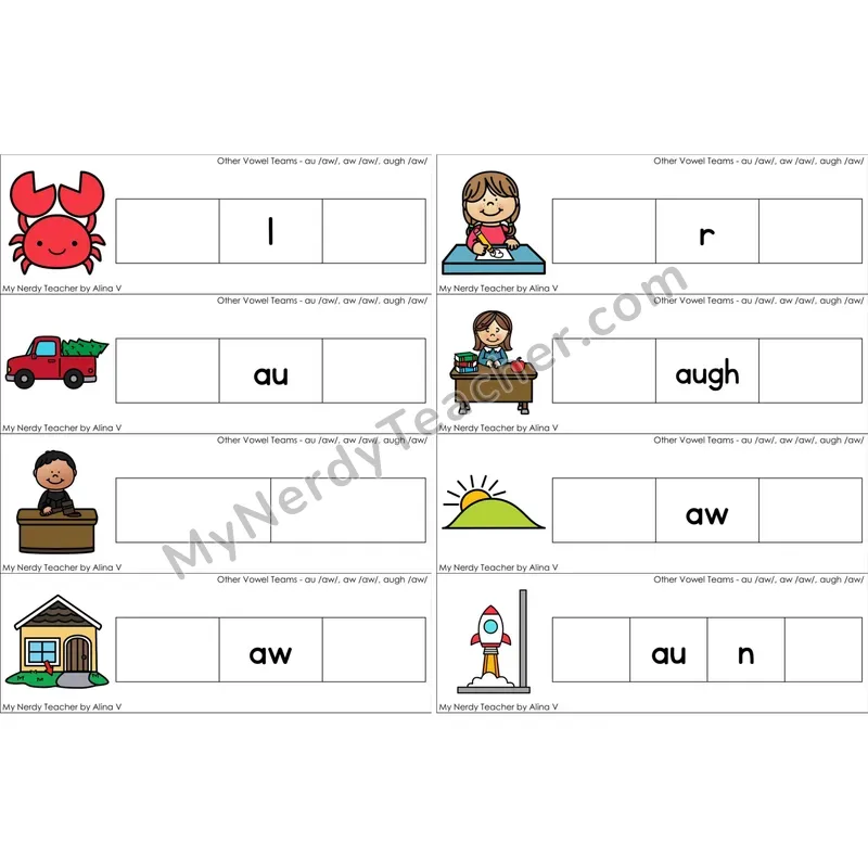 au, aw, augh Vowel Team Missing Beginning and Ending Sounds Cards (Color)