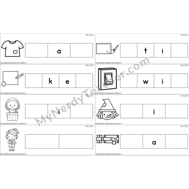 tch Trigraph Missing Beginning and Ending Sounds Cards (Black and White)