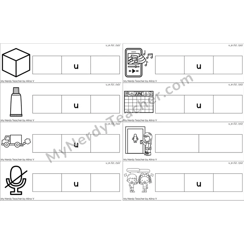 u_e (Long U VCe) Missing Beginning and Ending Sounds Cards (Black and White)