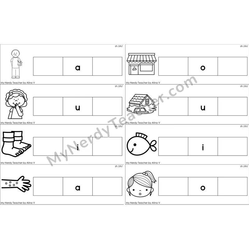 sh Digraph Missing Beginning and Ending Sounds Cards (Black and White)