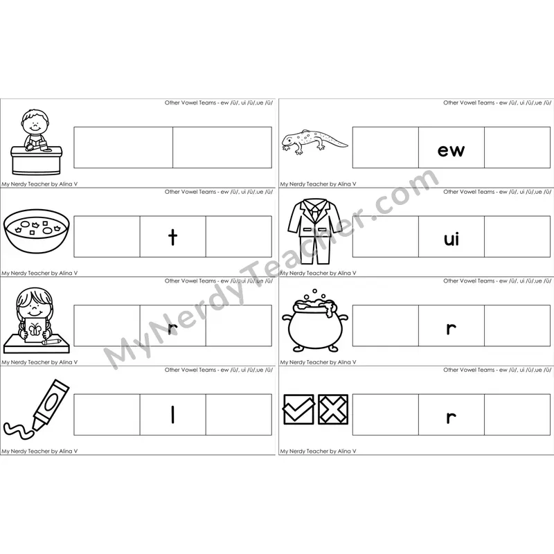 ew, ui, ue Vowel Team Missing Beginning and Ending Sounds Cards (Black and White)