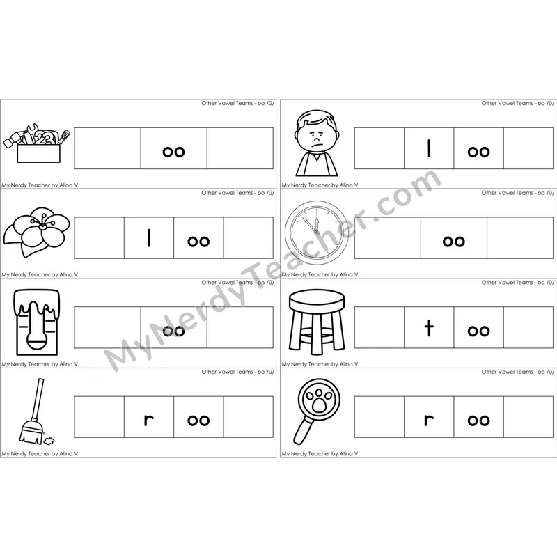 oo, u (short oo sound) Missing Beginning and Ending Sounds Cards (Black and White)