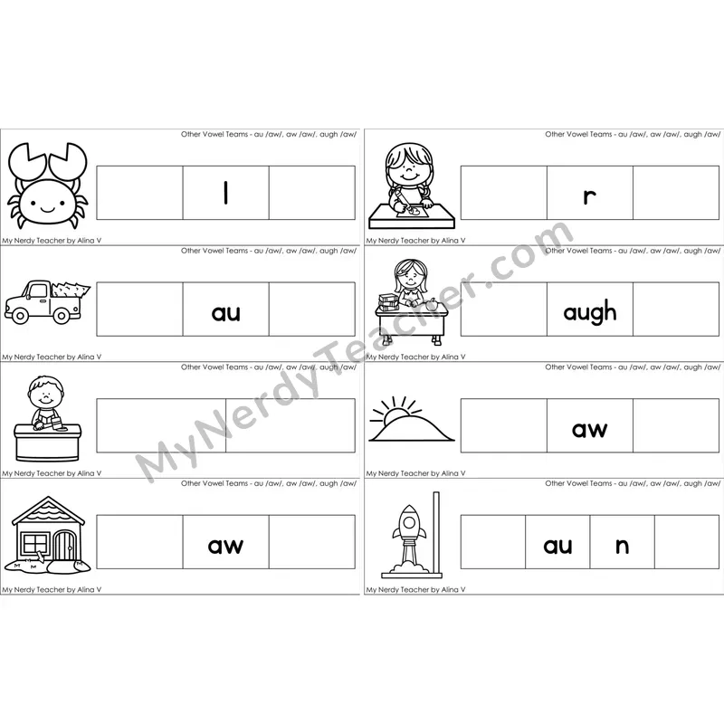 au, aw, augh Vowel Team Missing Beginning and Ending Sounds Cards (Black and White)