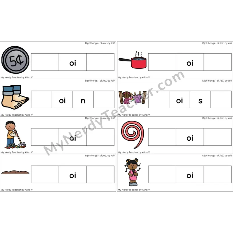 oi, oy Diphthong Missing Beginning and Ending Sounds Cards (Color)