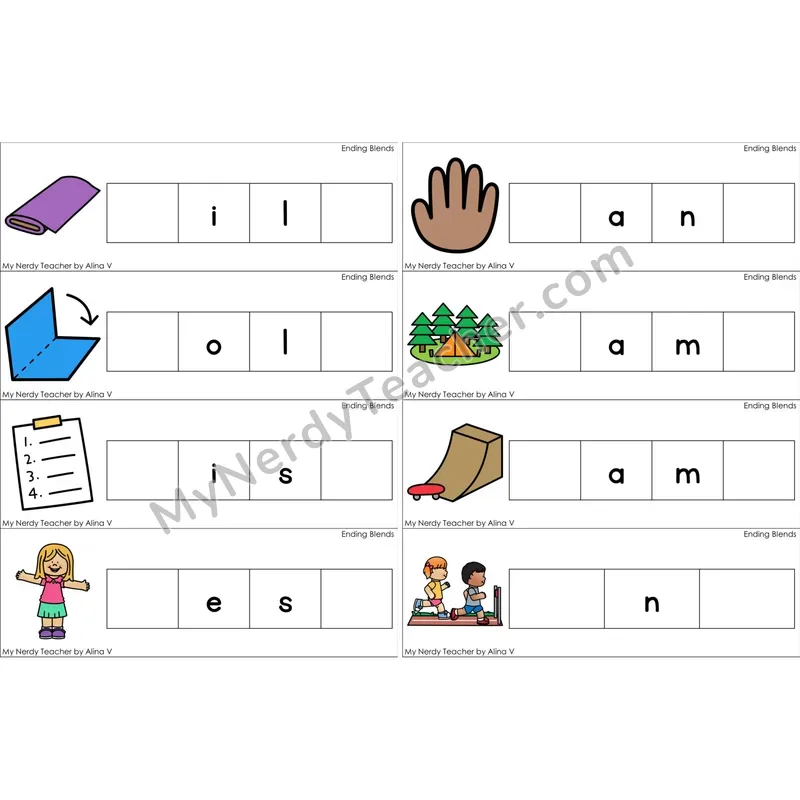 Ending Blends Missing Beginning and Ending Sounds Cards (Color)