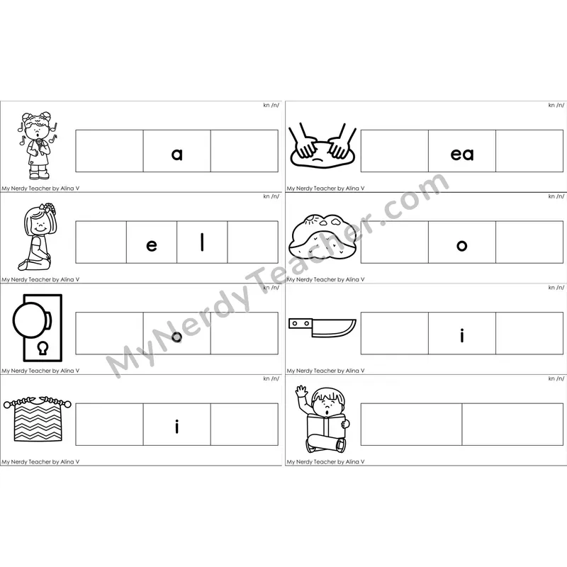 Silent kn Missing Beginning and Ending Sounds Cards (Black and White)