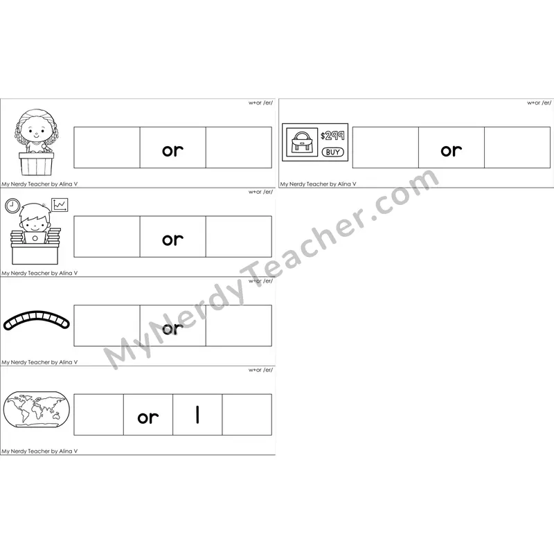 w + or (R-Controlled /er/) Missing Beginning and Ending Sounds Cards (Black and White)