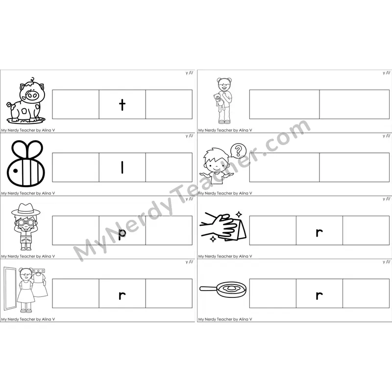 y as Long I Missing Beginning and Ending Sounds Cards (Black and White)