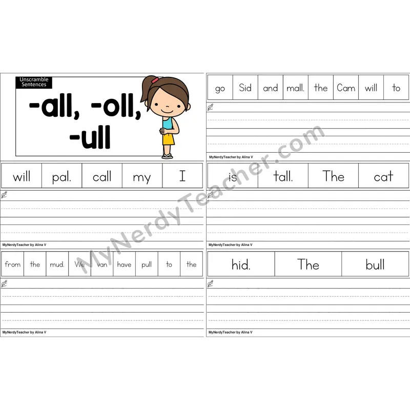 Glued Sounds -all, -oll, -ull Unscramble Sentences Worksheet (Color)