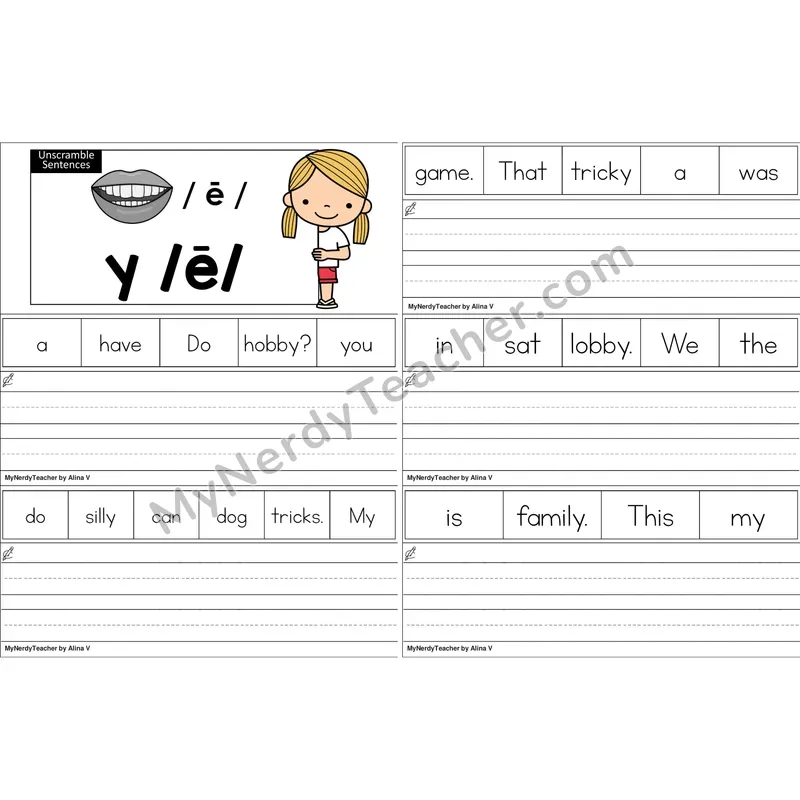 y as Long E Unscramble Sentences Worksheet (Color)