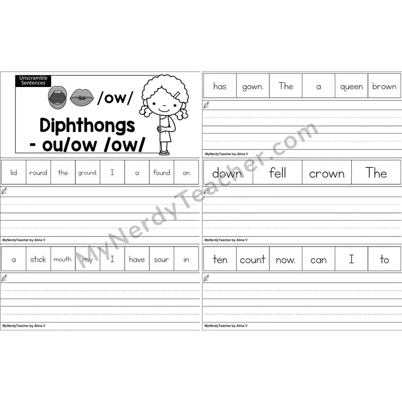 ou, ow Diphthong Unscramble Sentences Worksheet (Black and White)