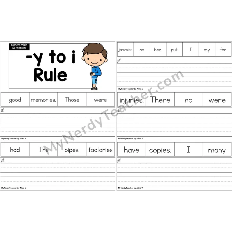 Suffix Spelling: -y to i Rule Unscramble Sentences Worksheet (Color)