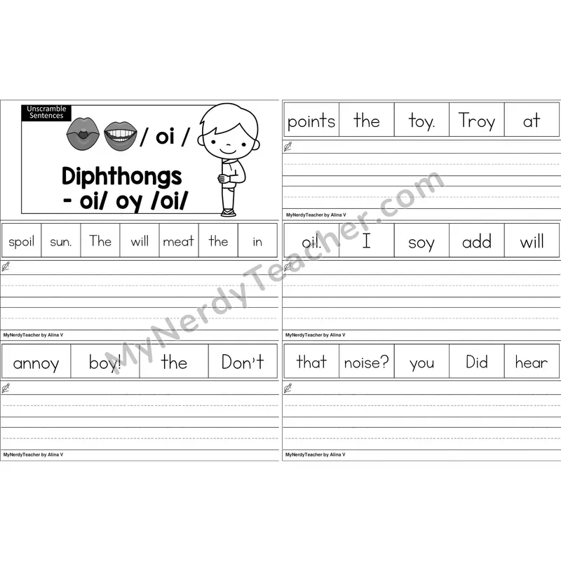 oi, oy Diphthong Unscramble Sentences Worksheet (Black and White)