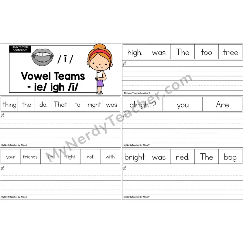ie, igh Vowel Team Unscramble Sentences Worksheet (Color)