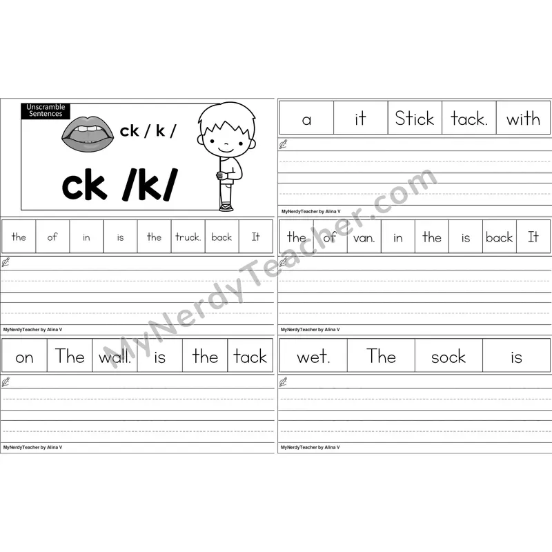 ck Digraph Unscramble Sentences Worksheet (Black and White)
